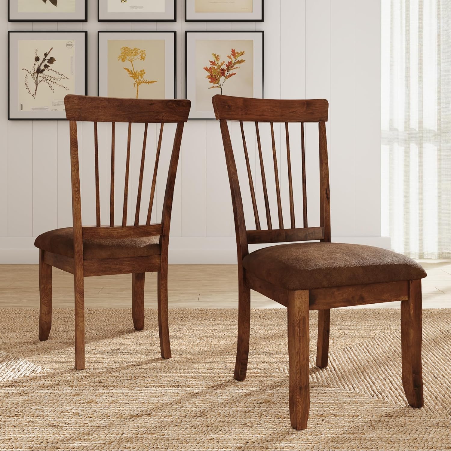 Signature Design by Ashley Berringer | Spindle Back 18" Dining Chairs (Set of 2) – Rustic Light Brown with Upholstered Cushioned Seat