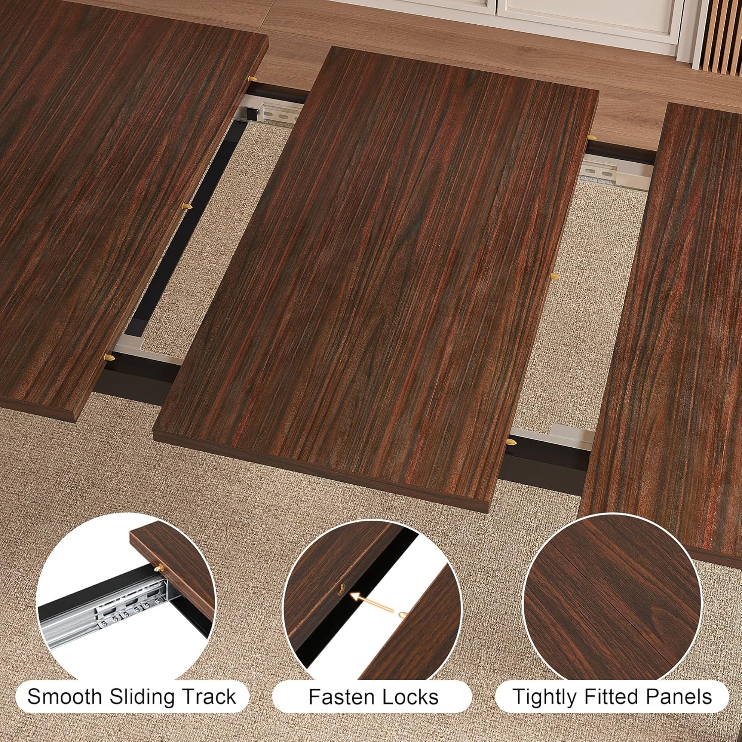 Modern Extendable Dining Table for 4-6, 63" Farmhouse Kitchen Table, Rectangular Dining Room Tables for Dining, Kitchen, Office, Living Room, Wooden Tables, Space Saving (Espresso)